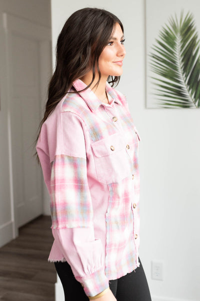 Side view of the pink plaid shacket