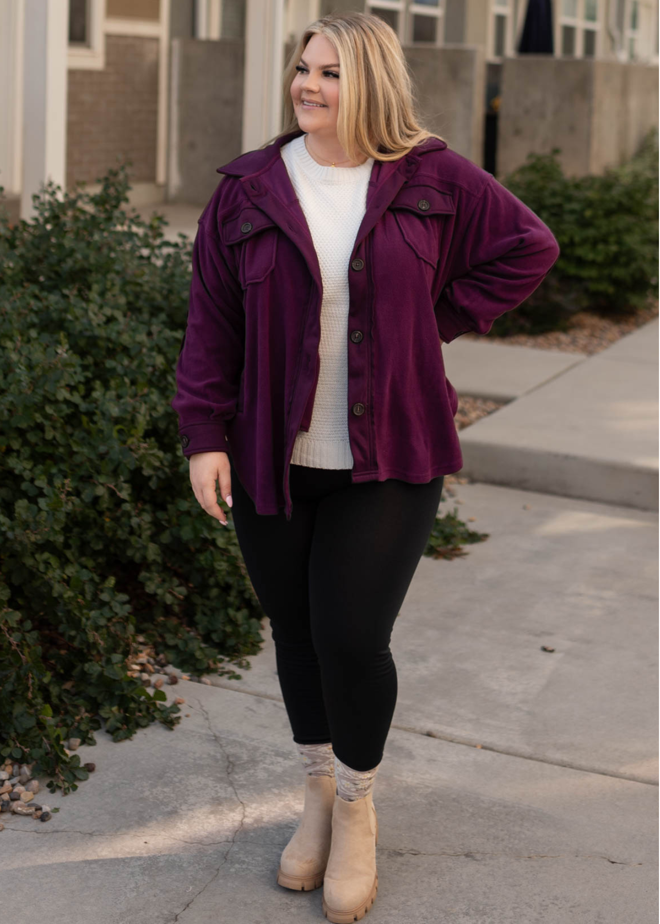 Button up plus size dark plum shacket