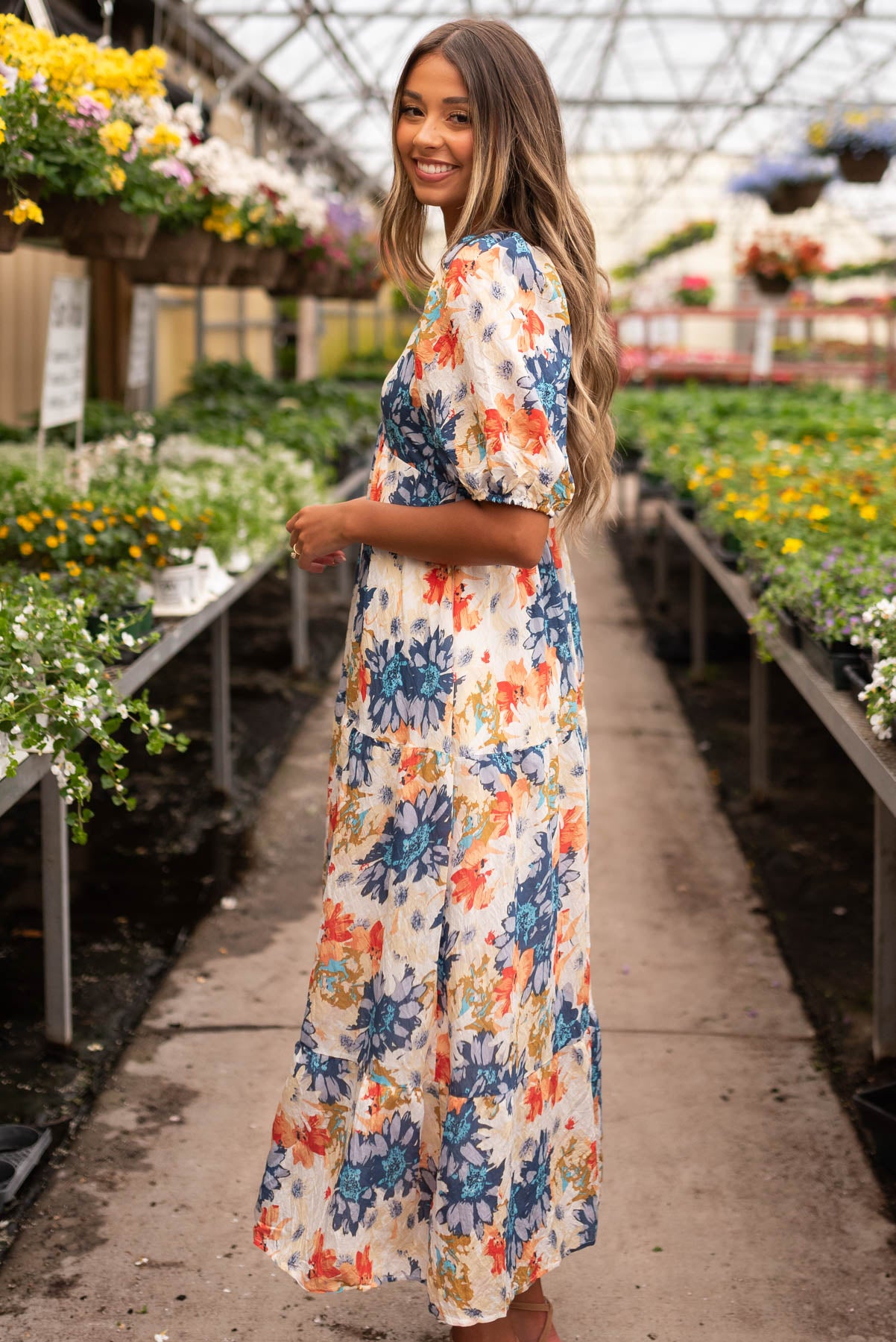 Side view of the navy floral dress