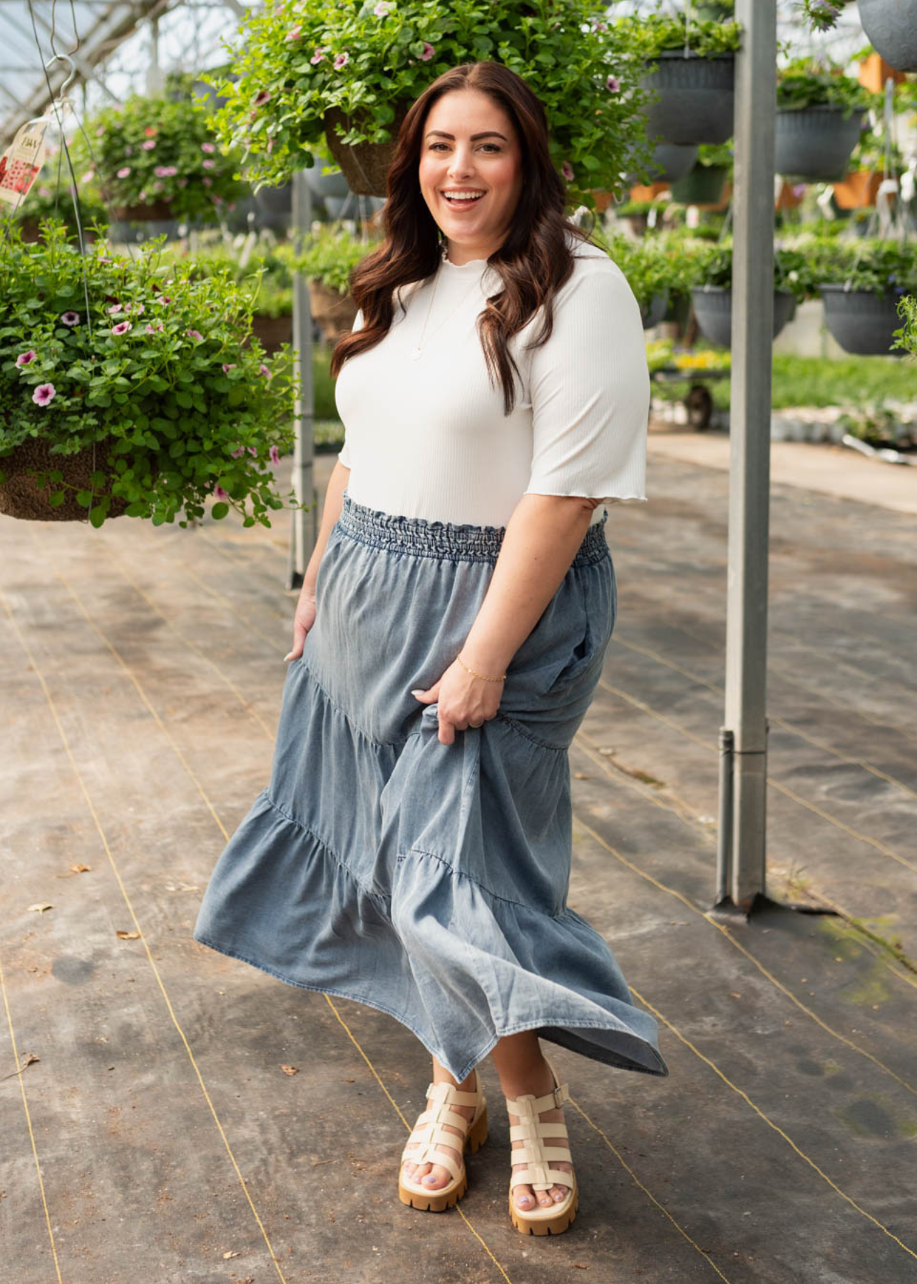 Side view denim blue tiered skirt