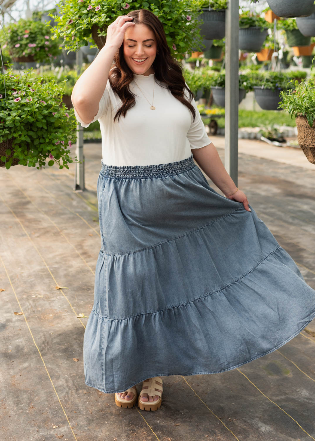 Elastic waist plus size denim blue tiered skirt