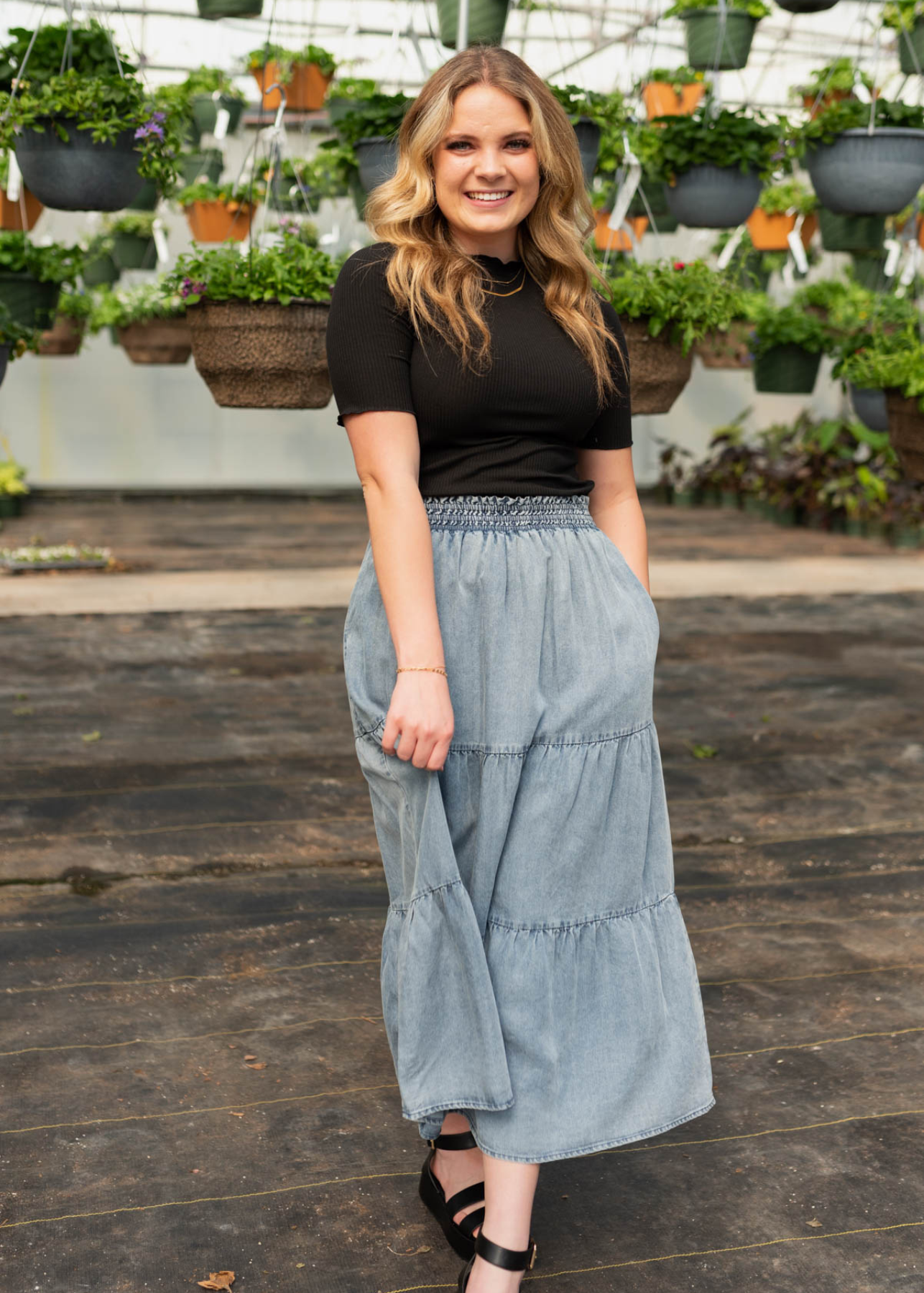 Denim blue tiered skirt