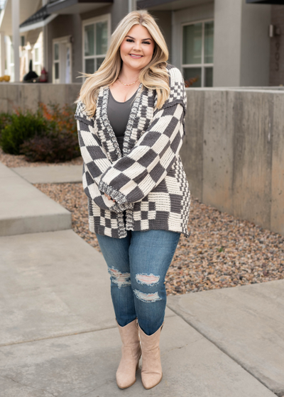 Long sleeve plus size charcoal cardigan with checkered pattern