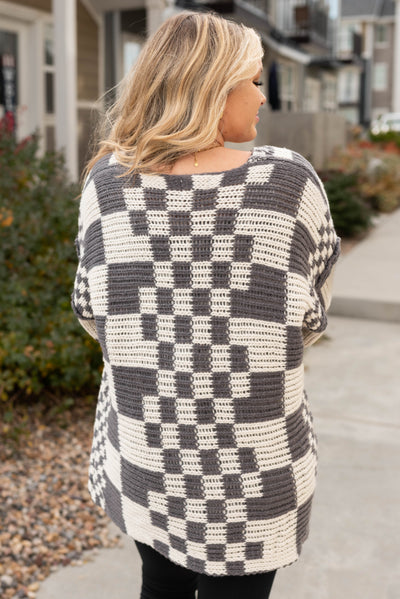 Back view of the charcoal cardigan