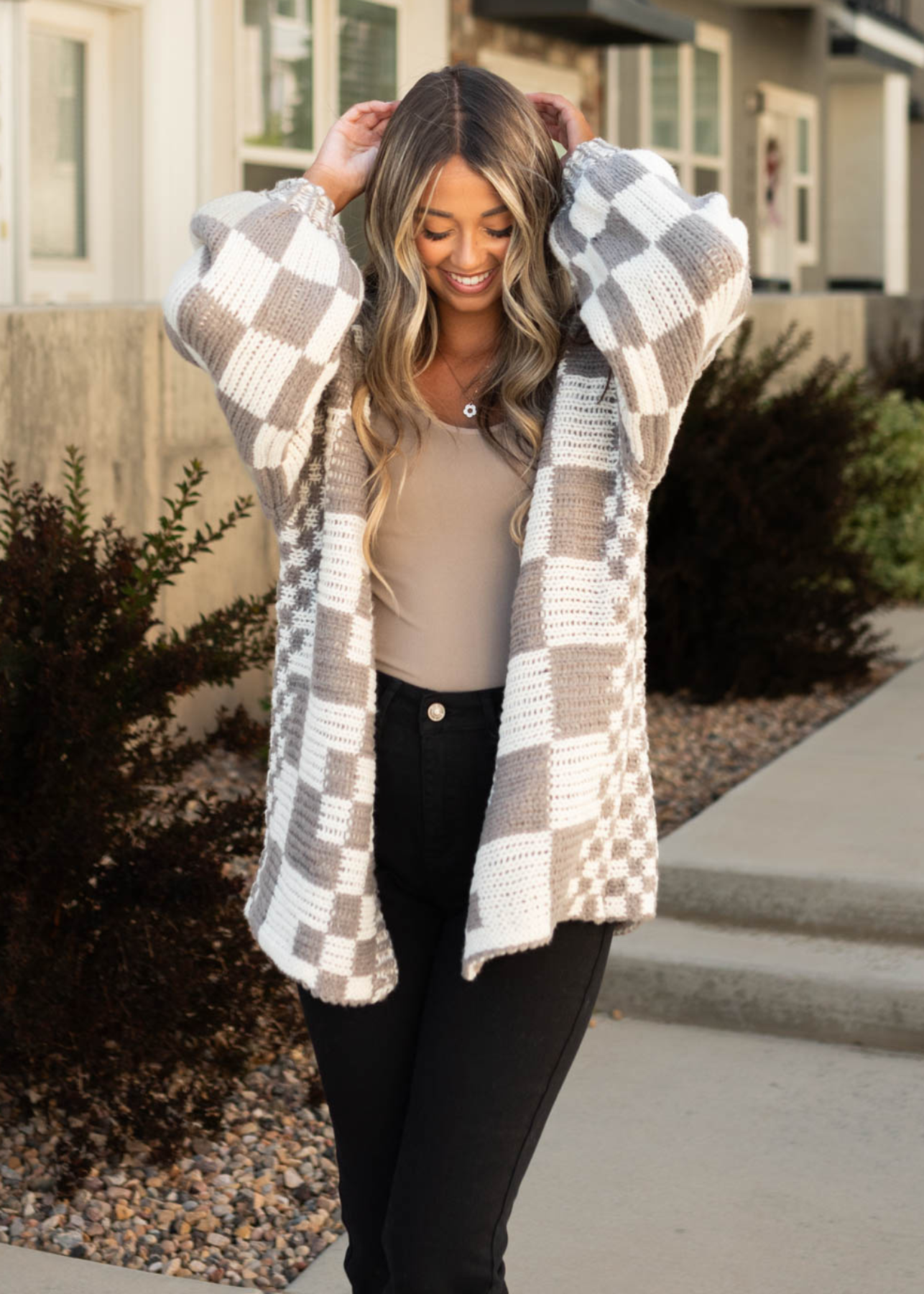 Oversized mocha cardigan with checkered pattern