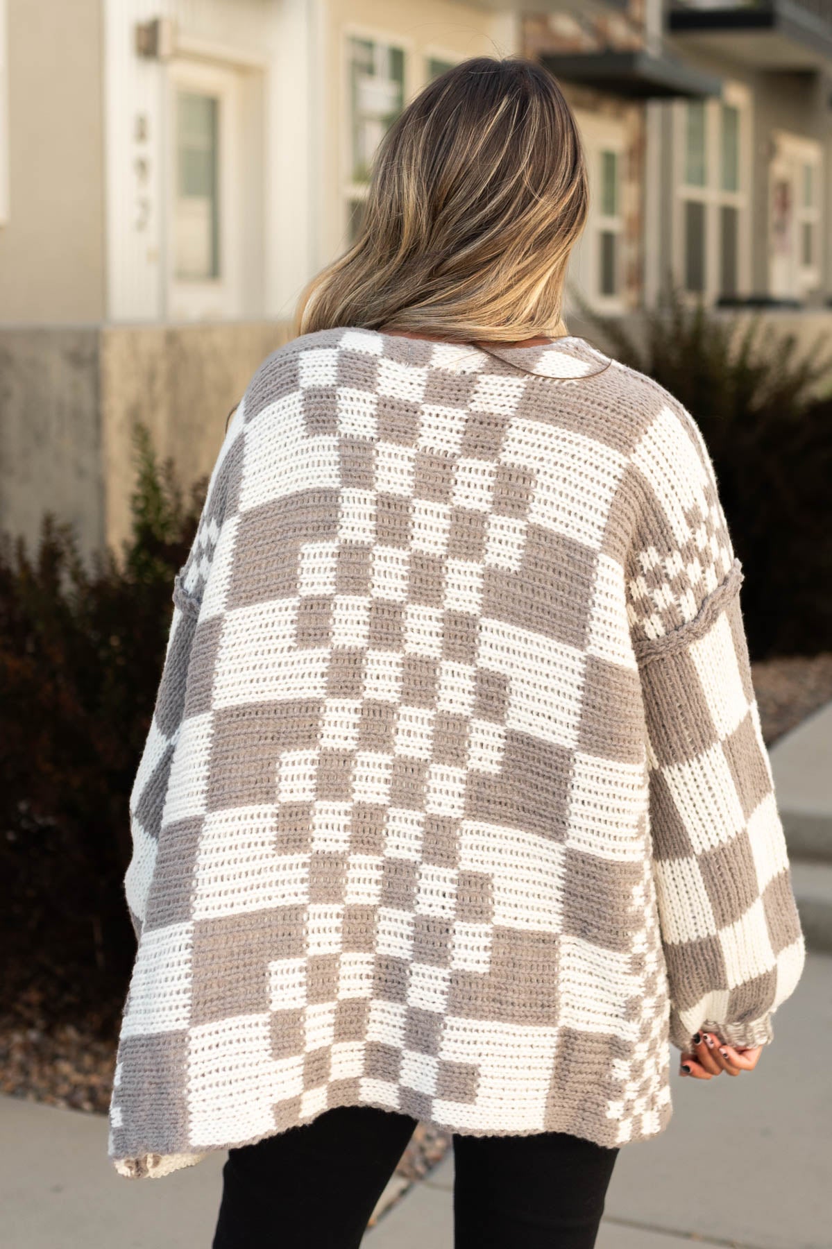 Back view of a mocha cardigan