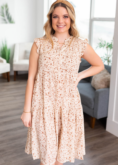 Front view of the beige floral dress