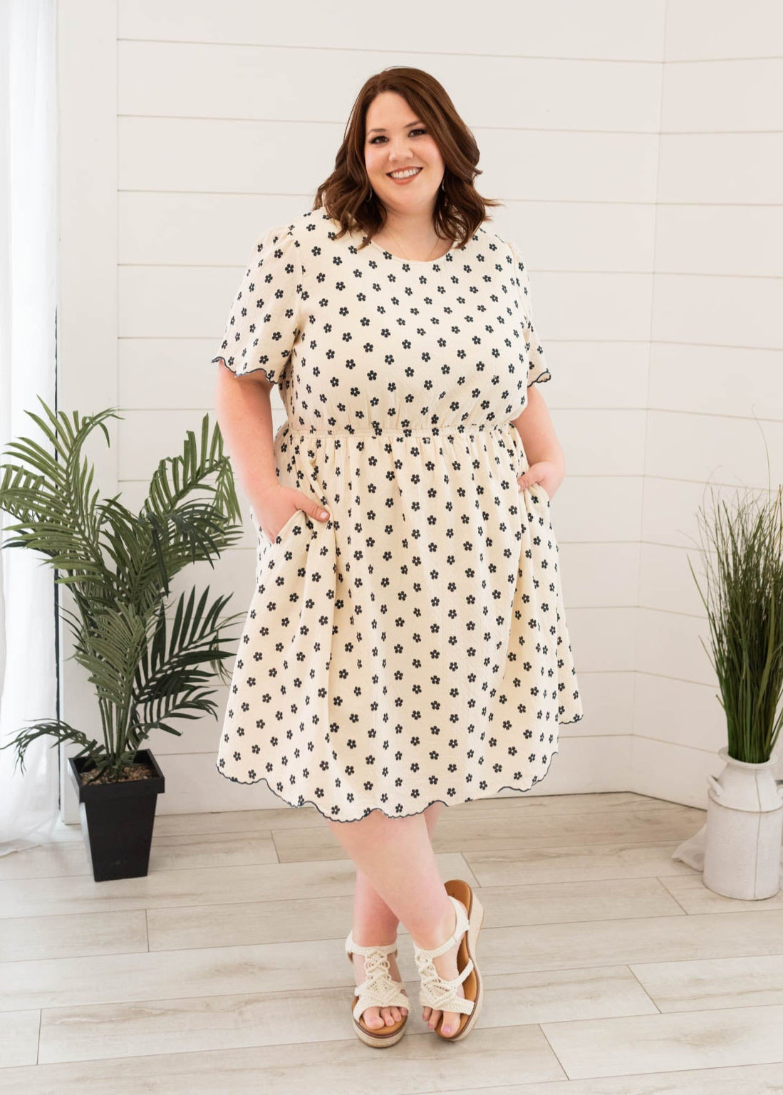 Plus size navy floral dress with pockets