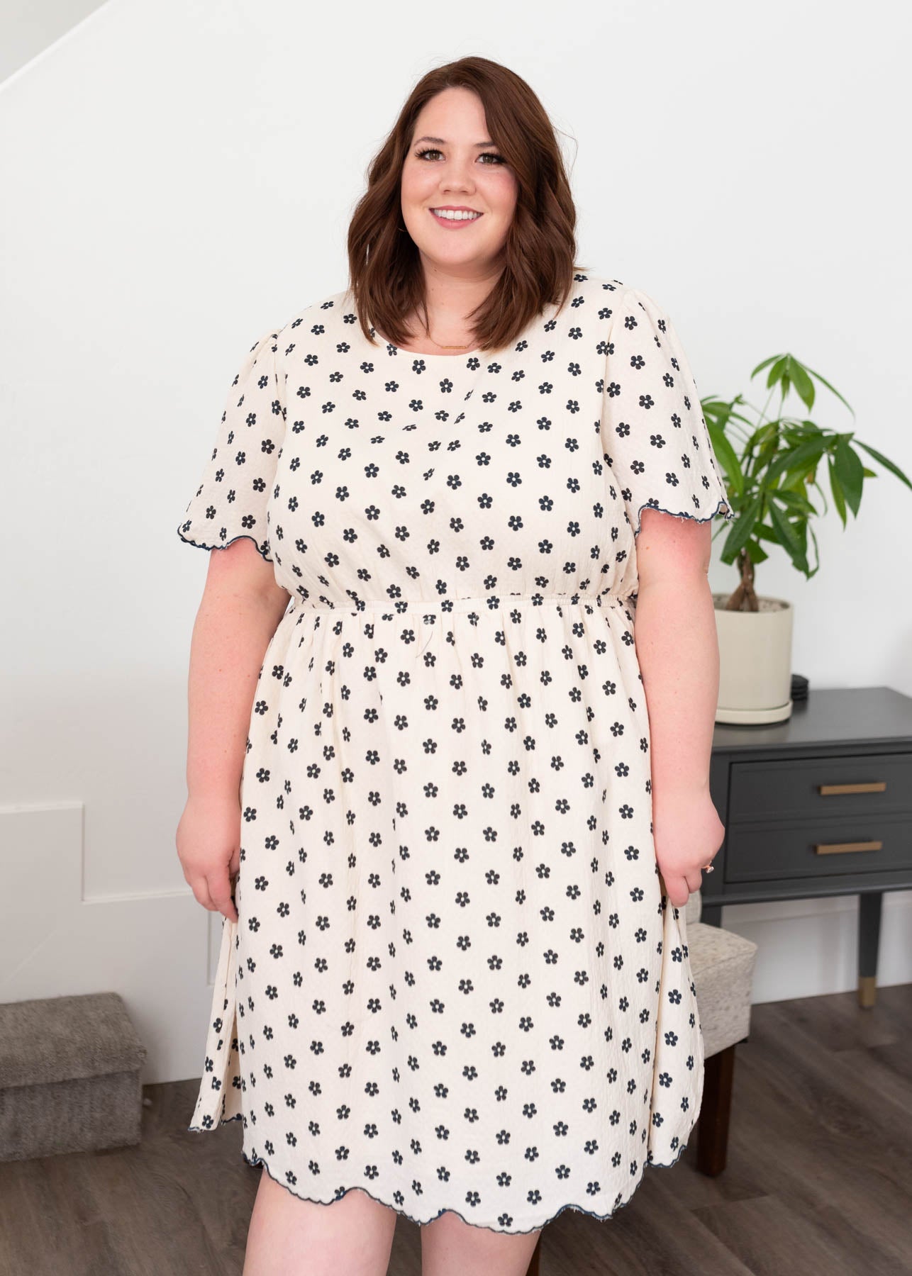 Plus size navy floral dress with short sleeves