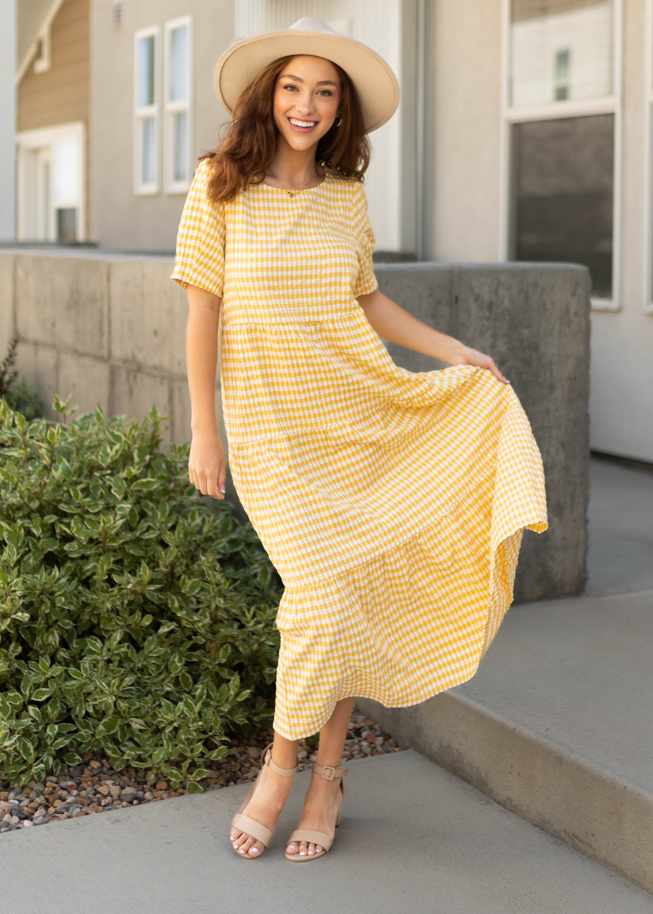 Yellow dress with a checkered pattern