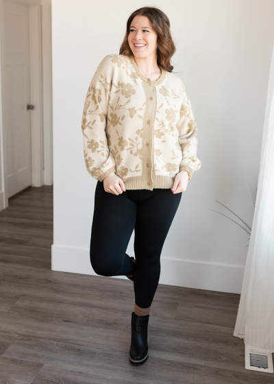 Long sleeve plus size taupe floral cardigan