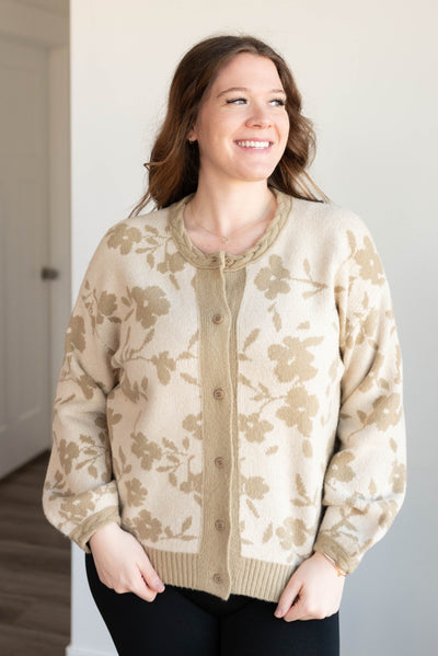 Plus size taupe floral cardigan