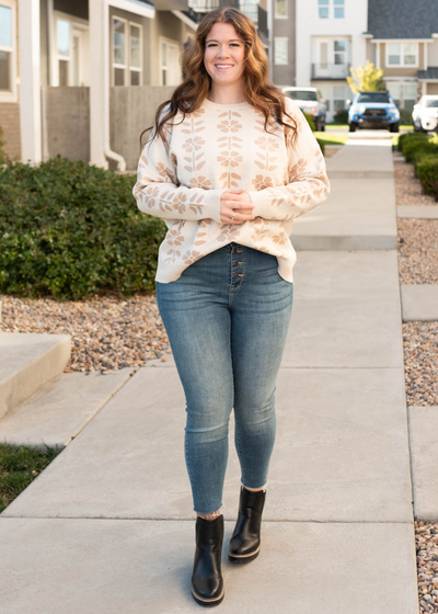 Plus size long sleeve oatmeal floral sweater