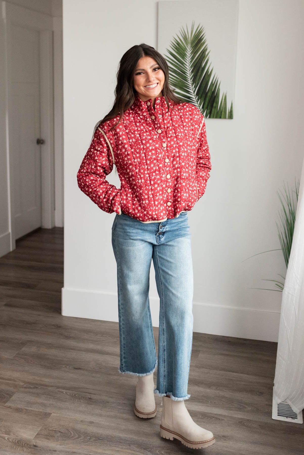 Long sleeve red floral quilted jacket