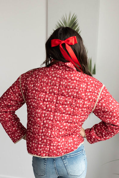 Back view of the red floral quilted jacket