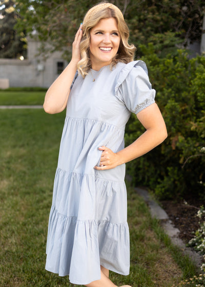 Side view of a stone blue dress