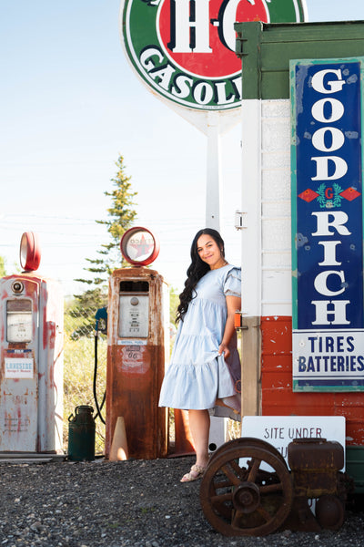 Short sleeve stone blue dress with tiered skirt