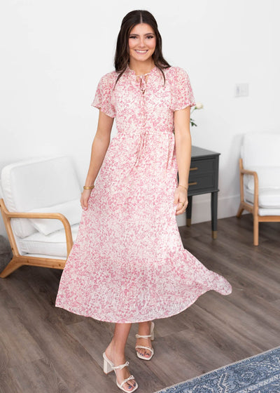 Pink floral tiered dress with short sleeves