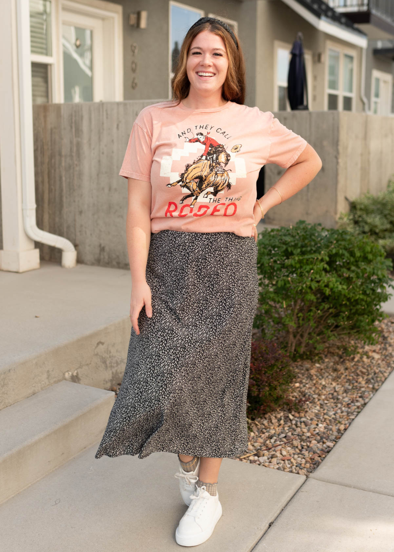 Front view of the black floral skirt