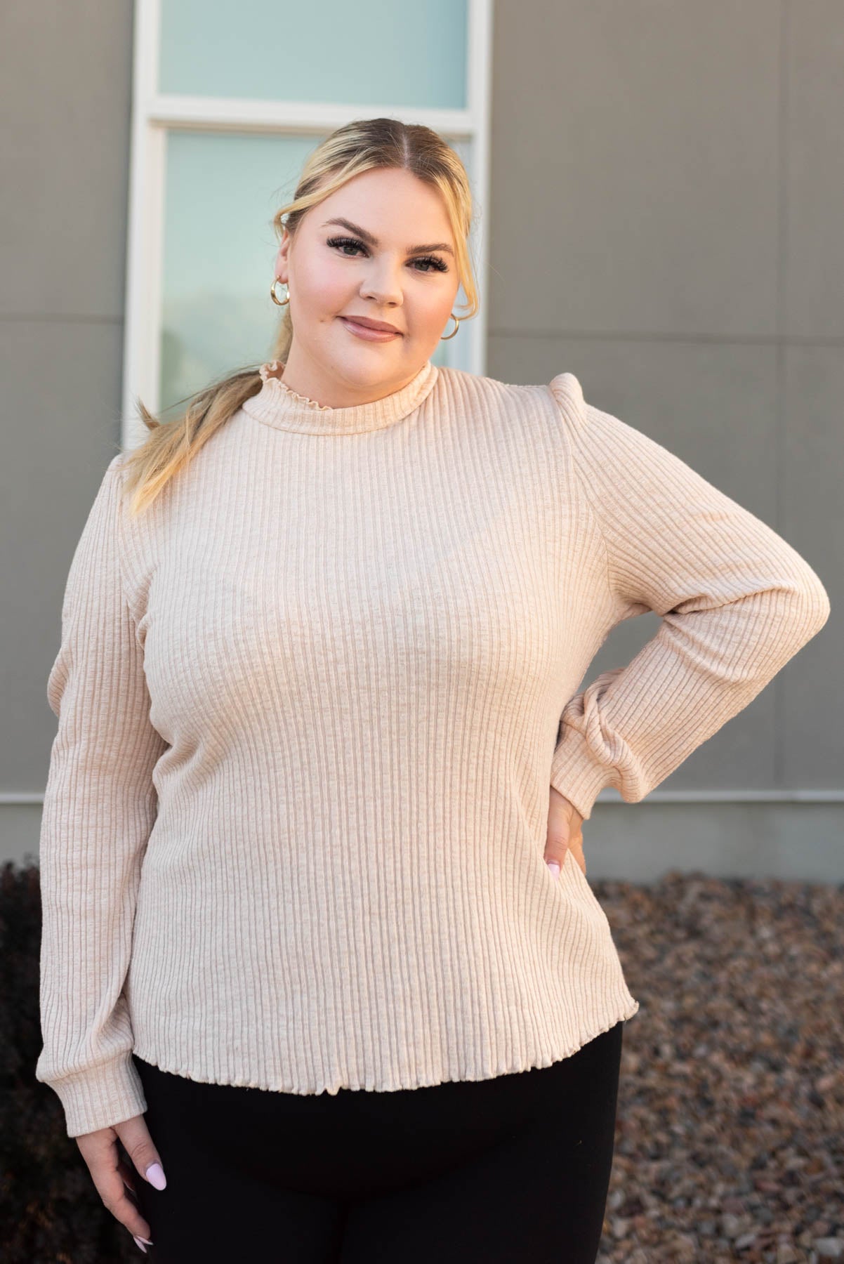 Long sleeve plus size cream top