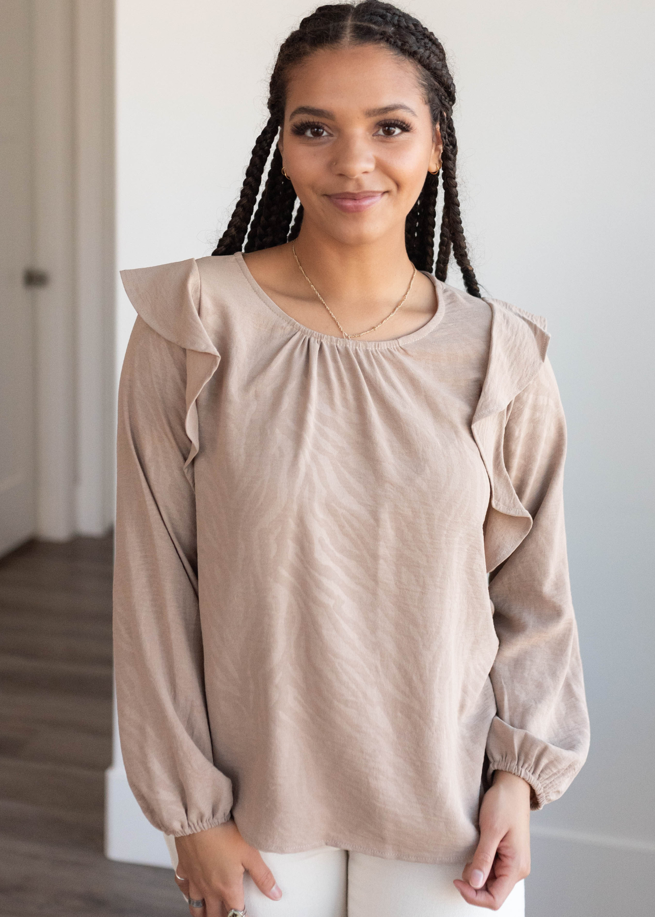 Beige long sleeve top with round neck