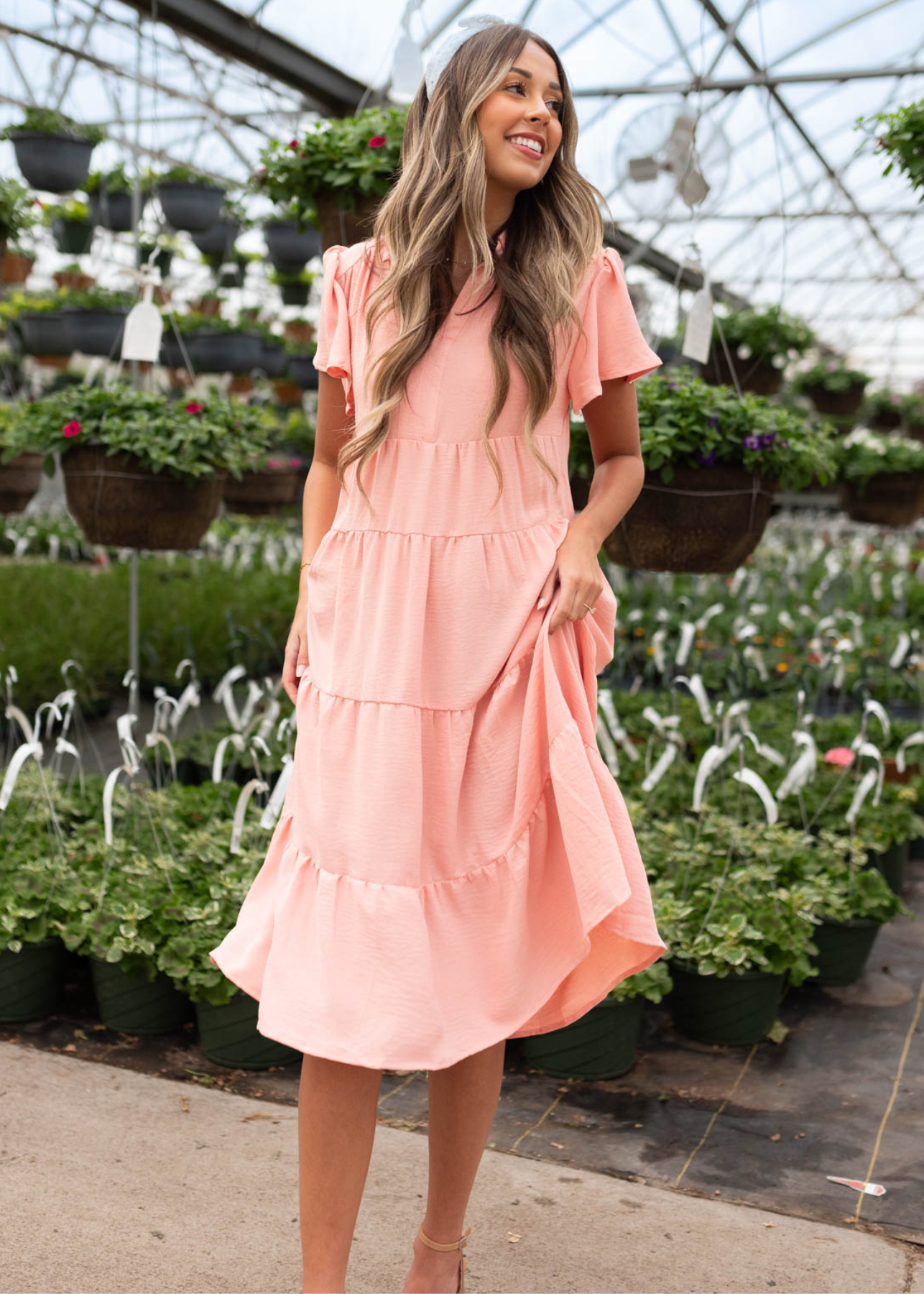 Toriana Peach Collared Tiered Dress