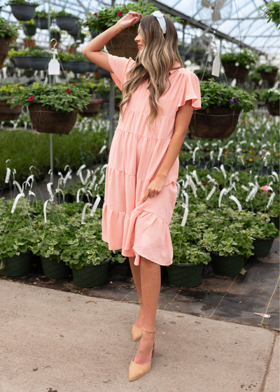 Toriana Peach Collared Tiered Dress