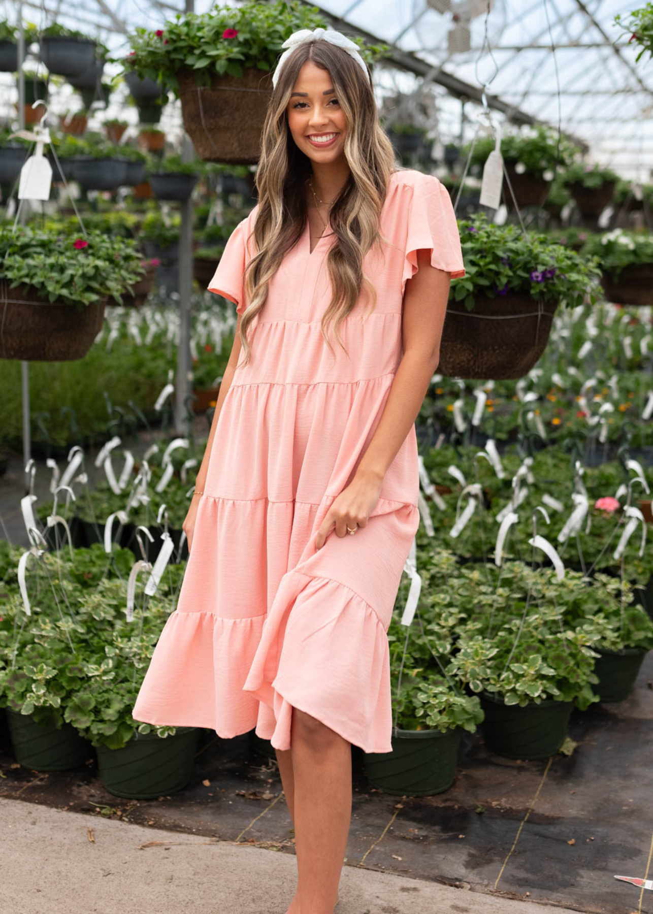 Toriana Peach Collared Tiered Dress