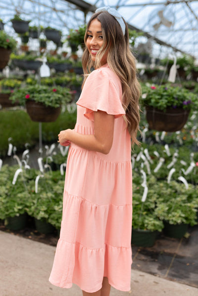 Toriana Peach Collared Tiered Dress