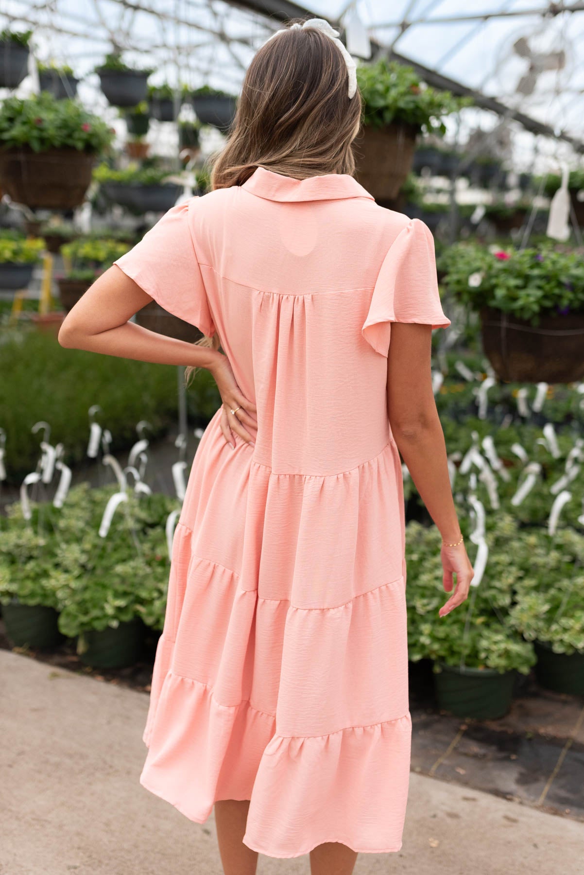 Toriana Peach Collared Tiered Dress