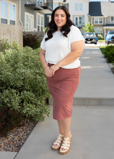 Plus size dusty rose corduroy skirt