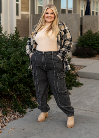 Plus size black cargo parachute pants