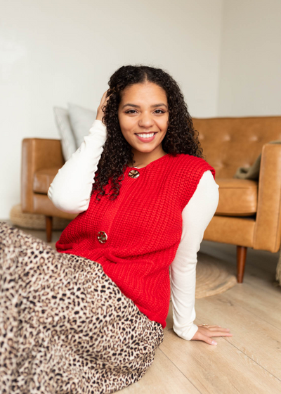 Round neck button up red knit sweater vest