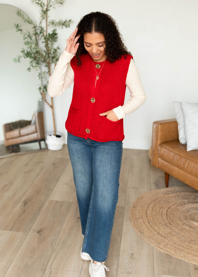 Three button red knit sweater vest with pockets 