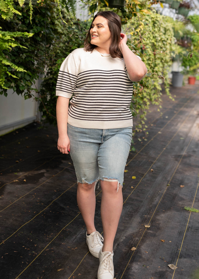 Plus size white stripe sweater with black stripes