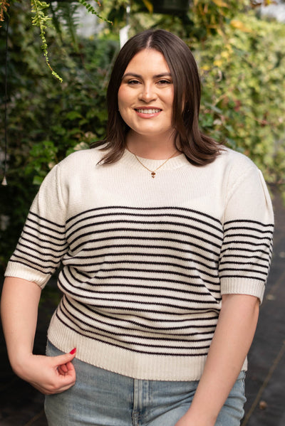 Plus size white stripe sweater