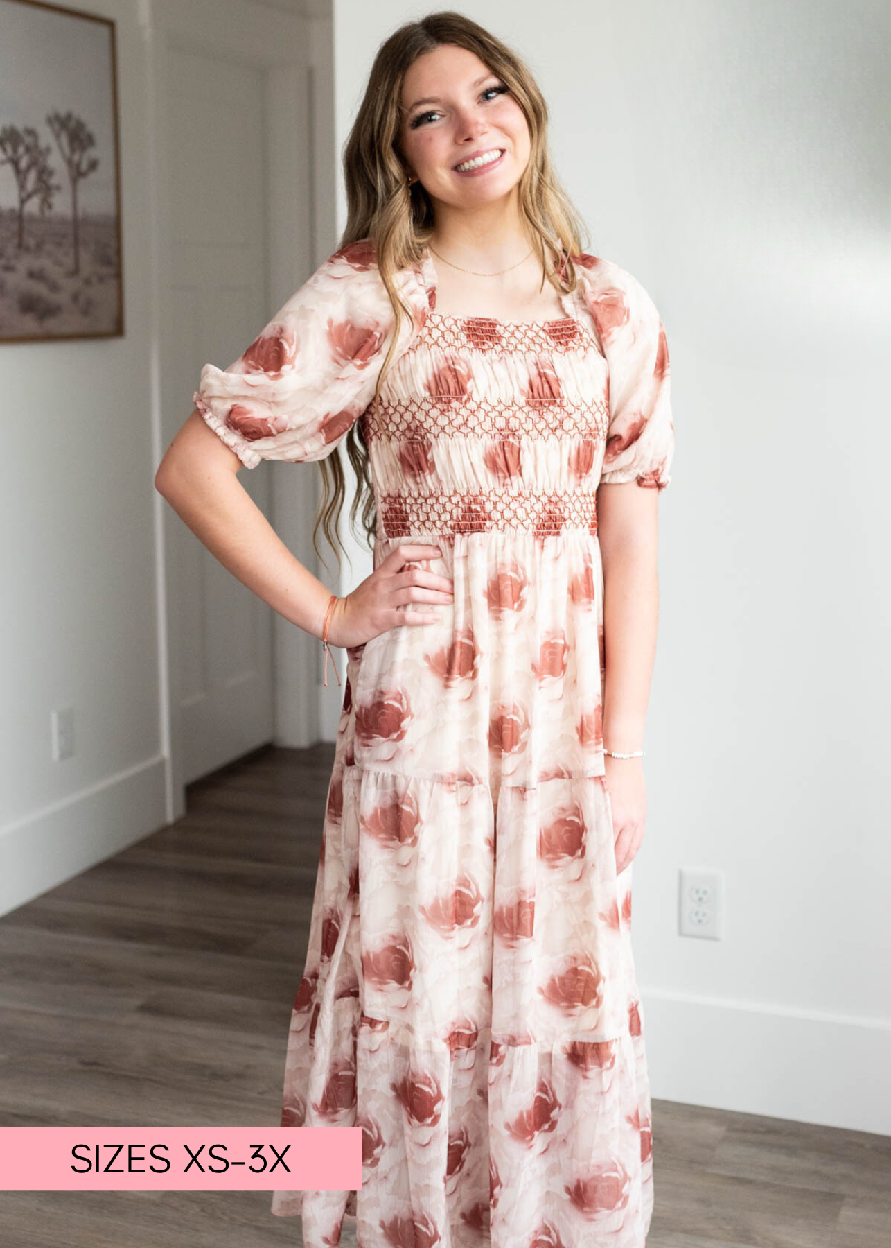 Rose floral tiered dress with short sleeves