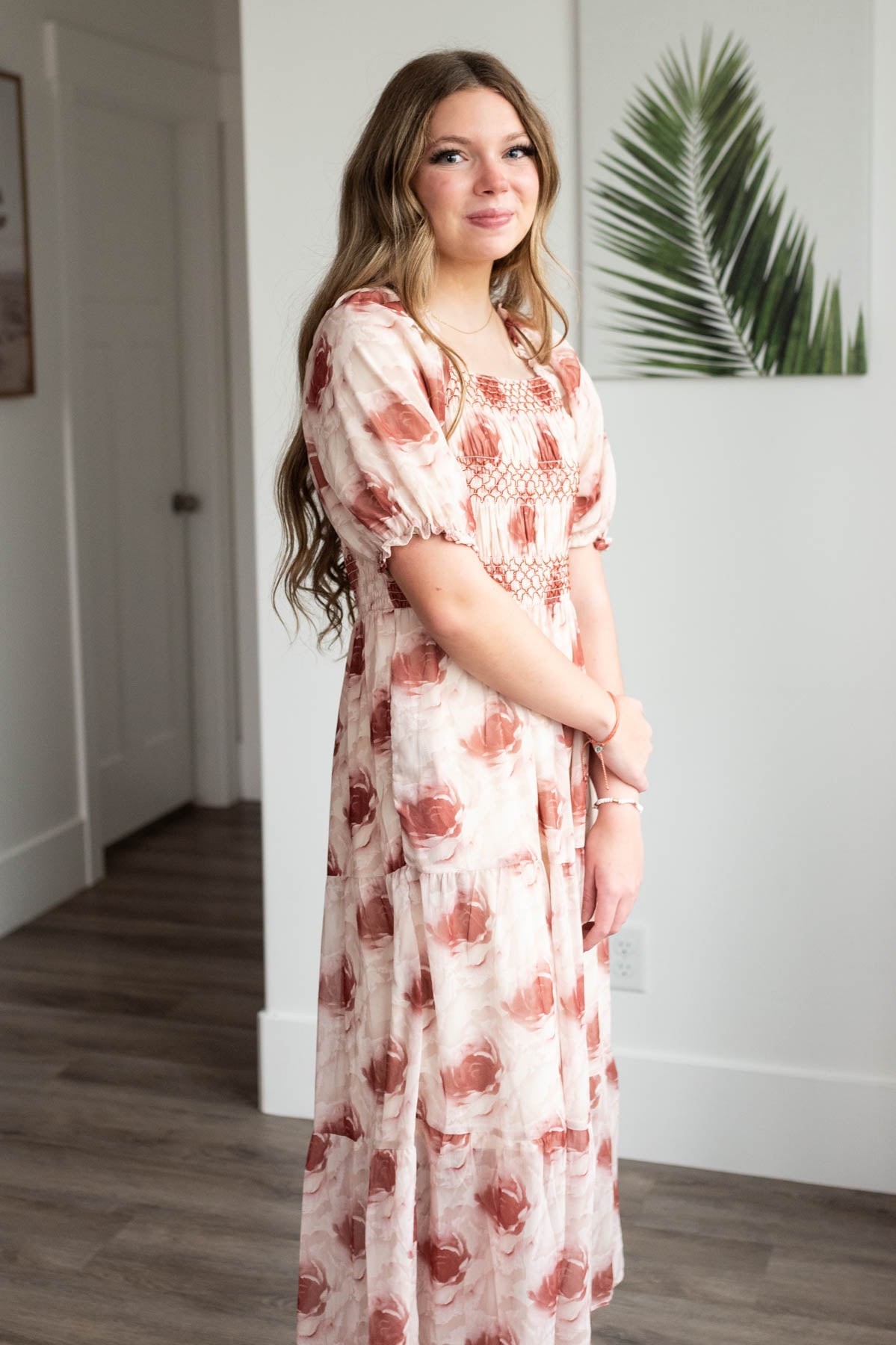 Side view of the rose floral tiered dress