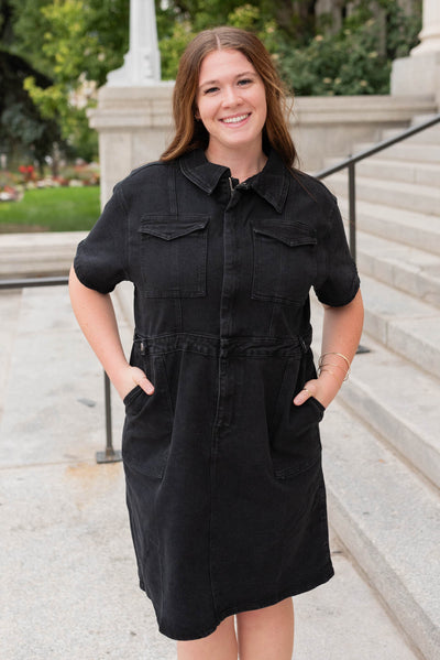 Short sleeve plus size black denim zipper dress