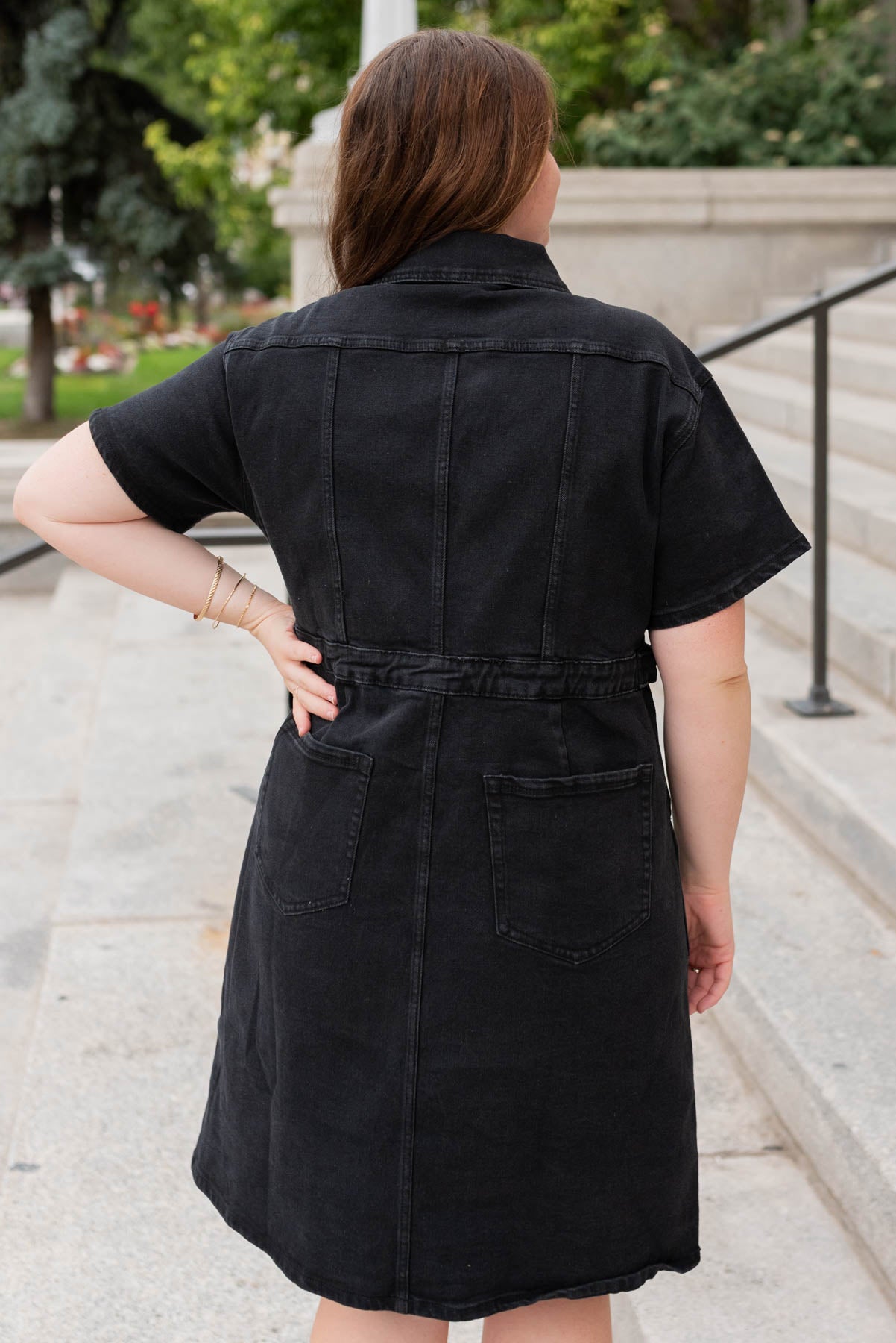 Back view of the plus size black denim zipper dress