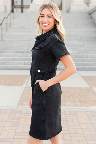 Vienna Black Denim Zipper Dress