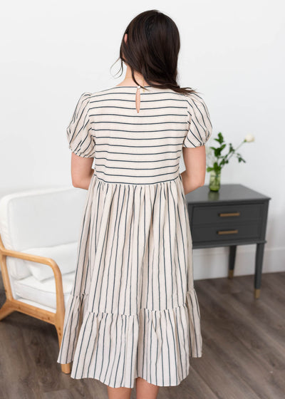 Back view of the navy stripe dress