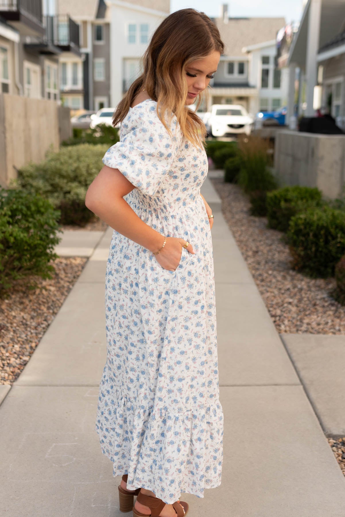 Side view of the white blue floral dress