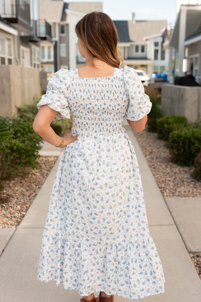 Back view of the white blue floral dress