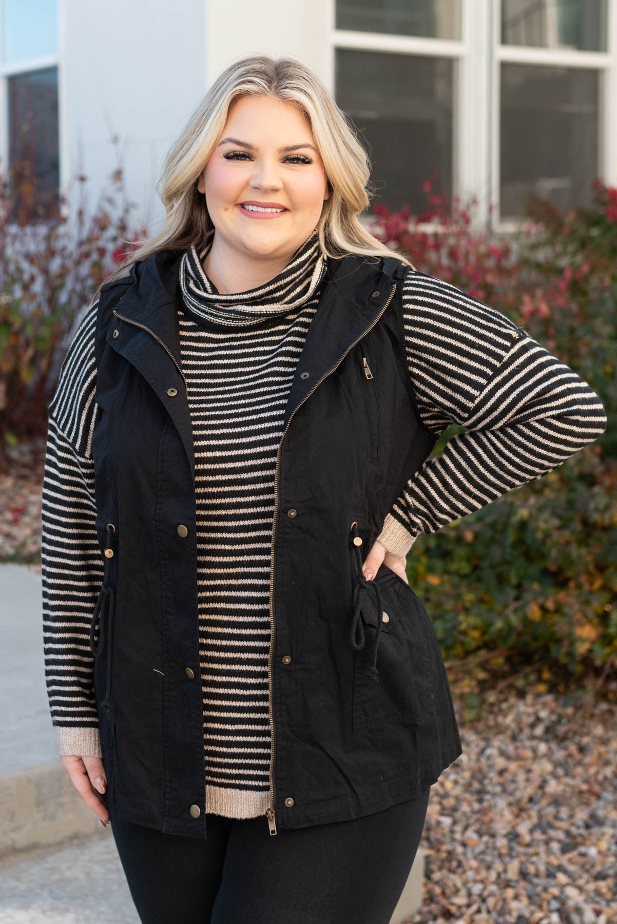 Plus size snap up black hooded vest