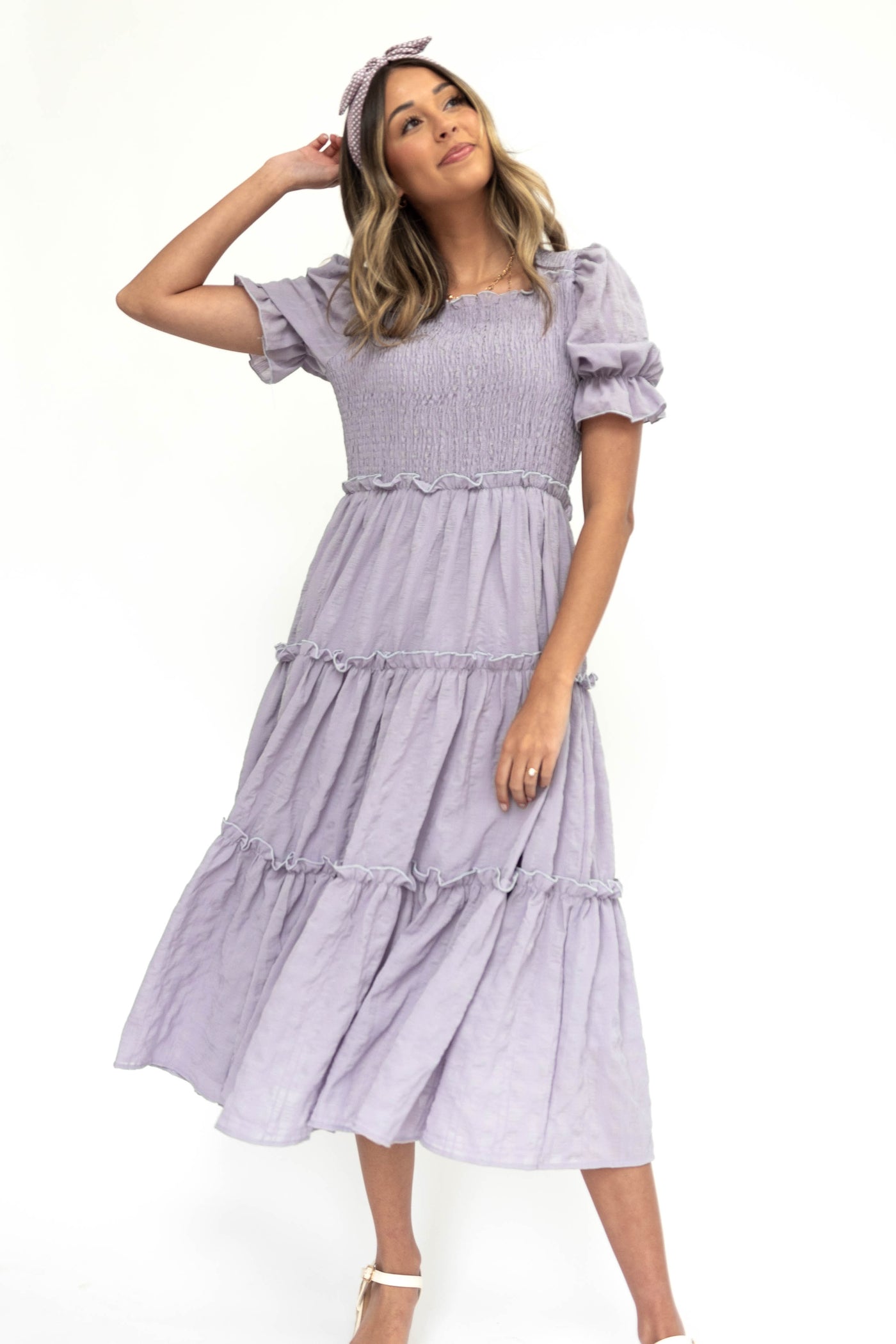 Short sleeve lavender dress with smocked bodice