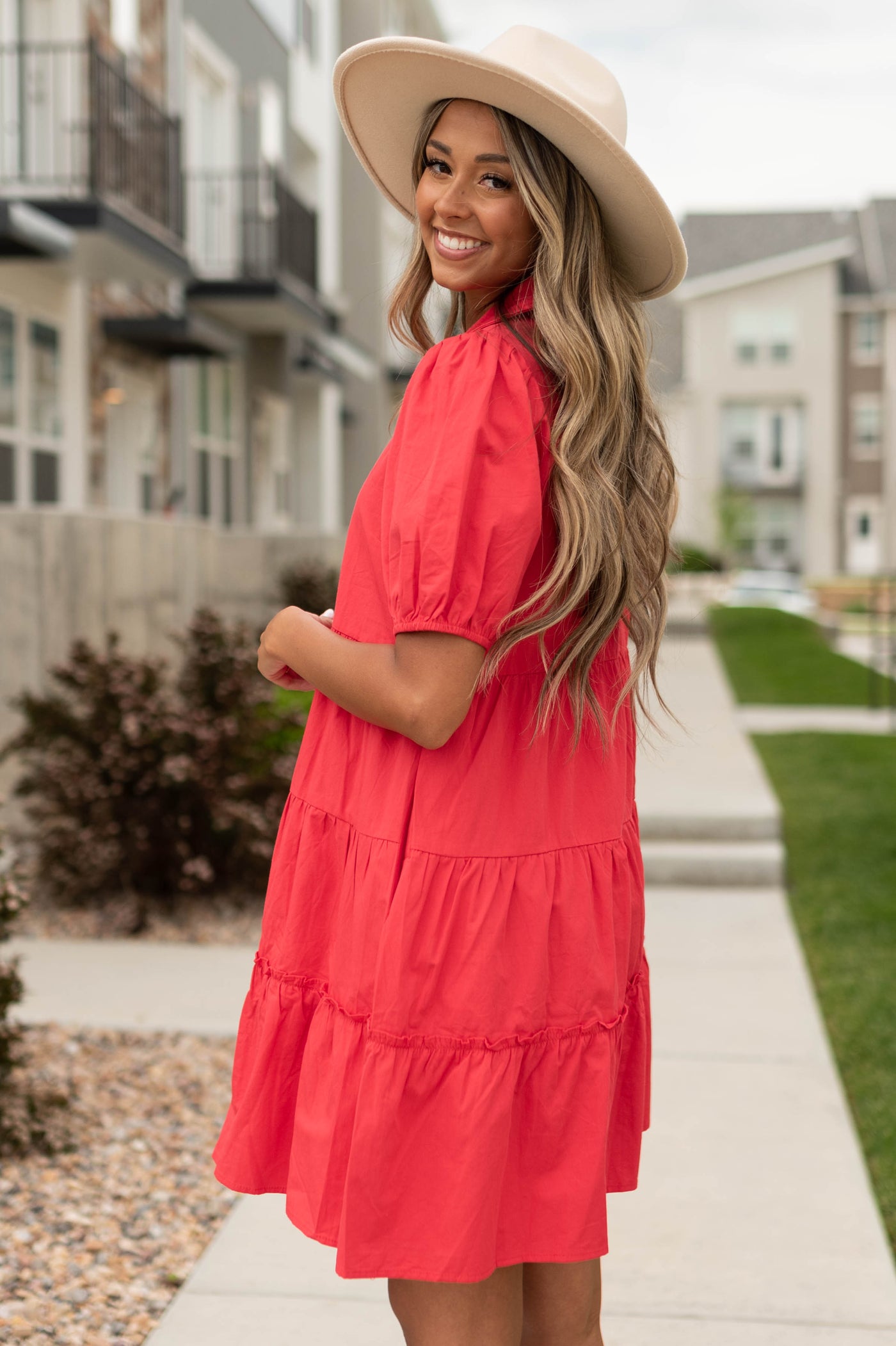 Side view of a short sleeve red dress