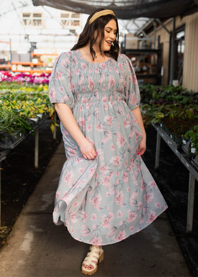 Zayla Sage Gray Watercolor Floral Dress