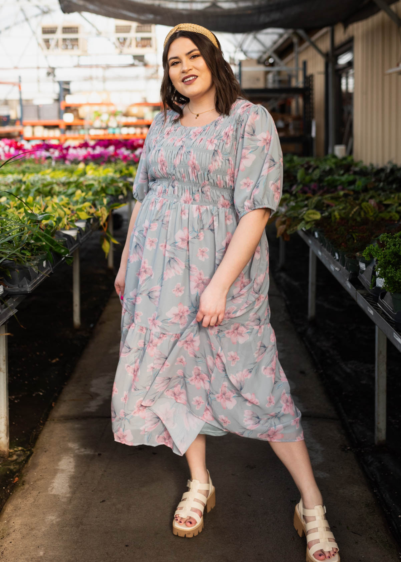 Short sleeve sage grey watercolor floral dress