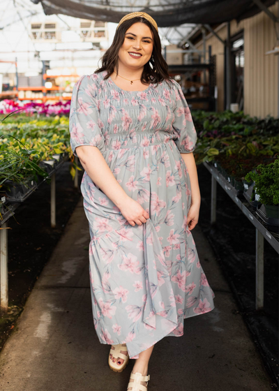 Plus size sage grey watercolor floral dress